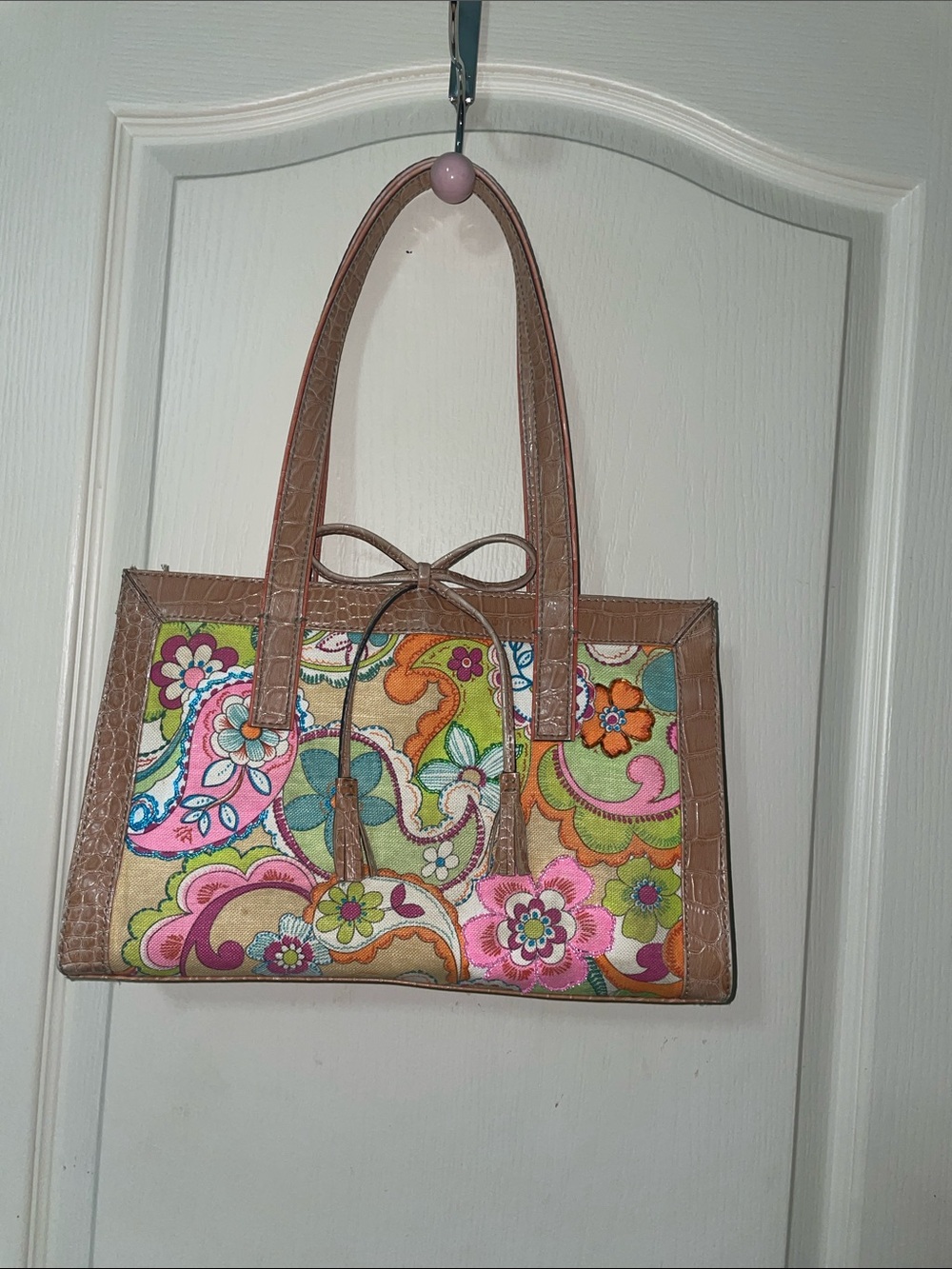Liz Claiborne Multicolor Floral Paisley Canvas Tote with Tan Trim